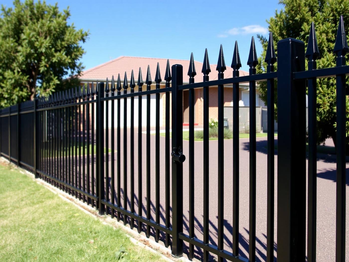 Black spear-top security fencing and steel bollards along a boundary