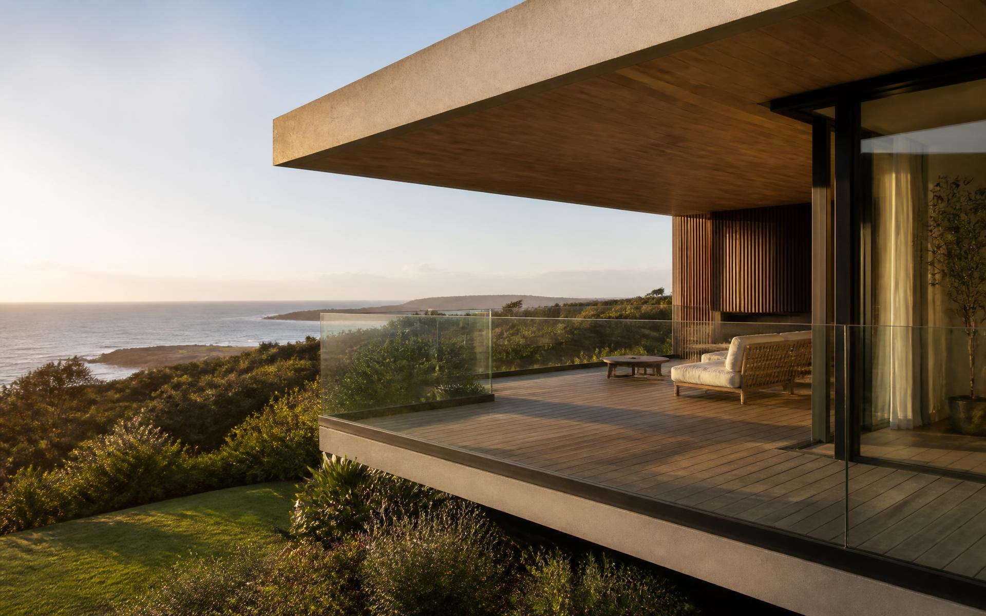 Frameless glass balustrade on a coastal Australian terrace at golden hour